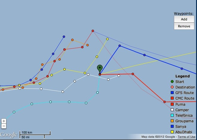 Telefonica can head north or east for Lisbon - Volvo Ocean Race, Leg 7 - May 25, 2012 at 1300hrs UTC © PredictWind.com www.predictwind.com